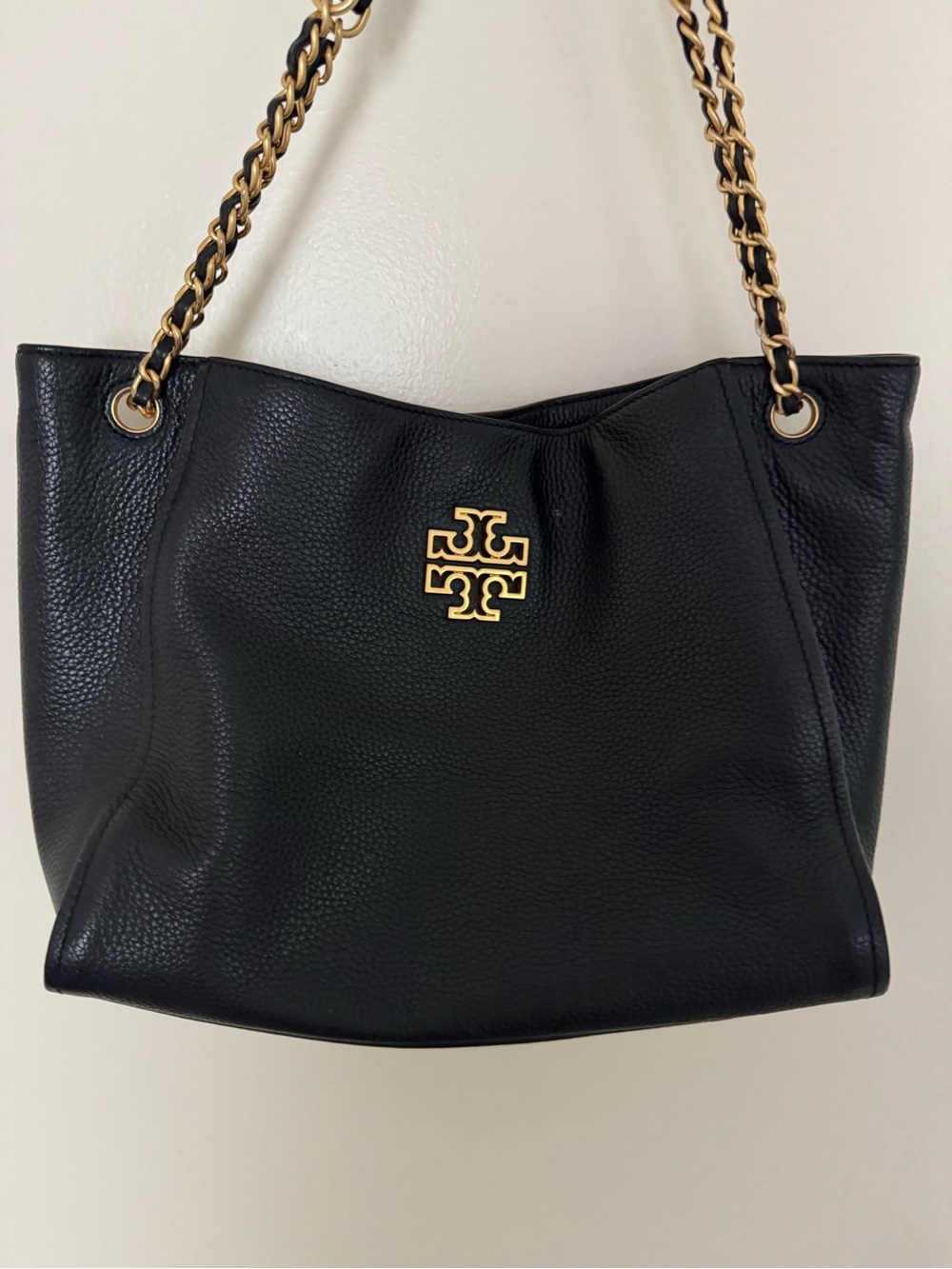 Tory Burch Black Leather Tote with Gold Chain Handles - Picture 2 of 11